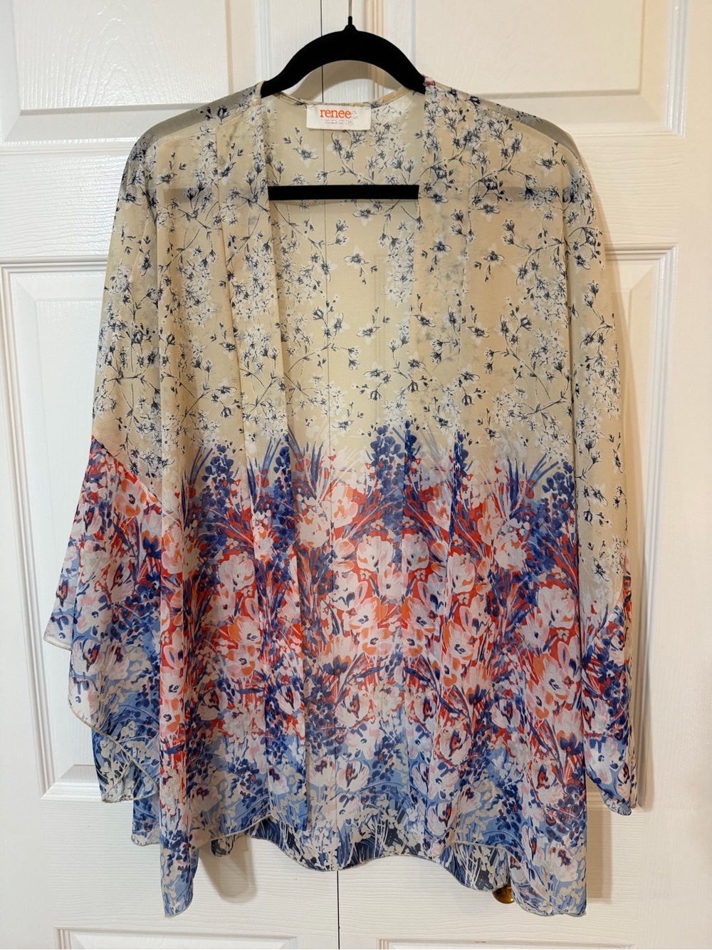 Renee C. Floral Ombre Sheer Kimono in Cream, Blue & Red